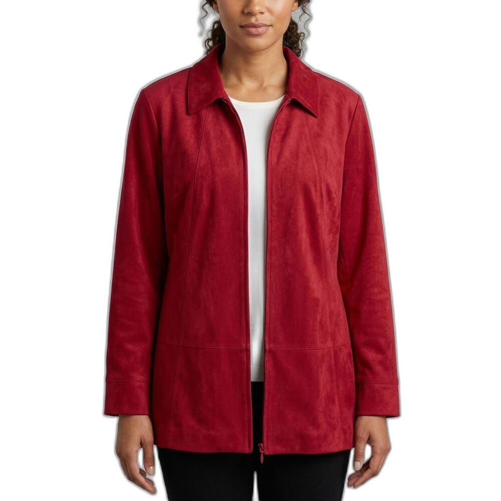 CJ Banks Women’s 2X Red Faux Suede Zip Front Jacket Stretch Lined Plus Size